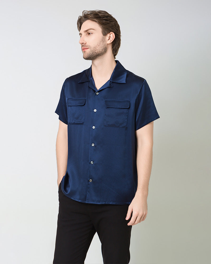 Chemise en Soie Homme à Manches Courtes avec Deux Poches
