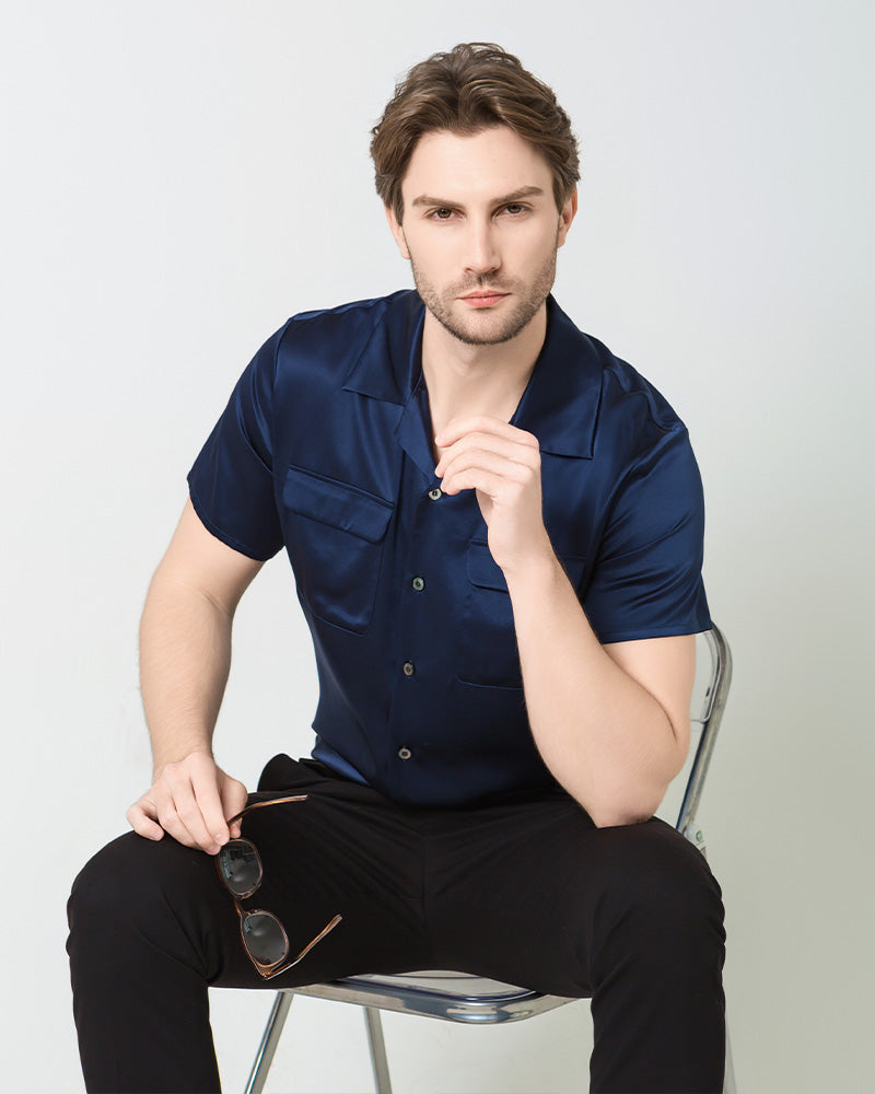 Chemise en Soie Homme à Manches Courtes avec Deux Poches