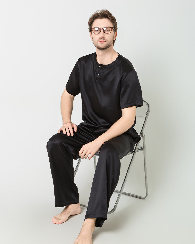 Ensemble de Pyjama en Soie pour Hommes à Manches Courtes et Pantalon