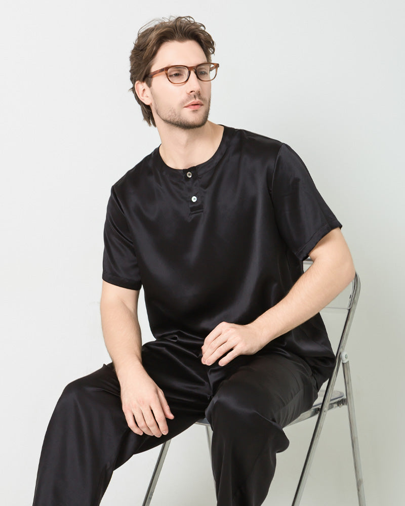 Ensemble de Pyjama en Soie pour Hommes à Manches Courtes et Pantalon
