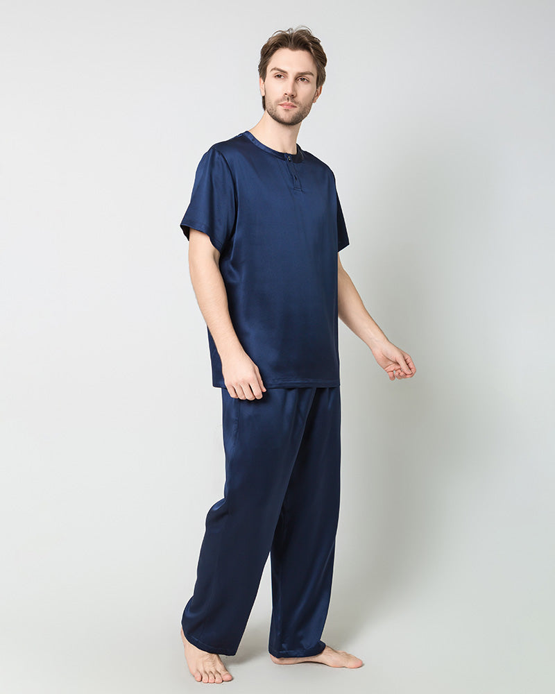 Ensemble de Pyjama en Soie pour Hommes à Manches Courtes et Pantalon