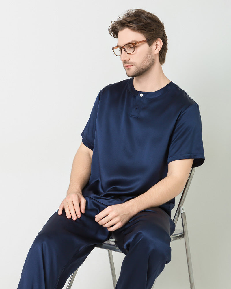 Ensemble de Pyjama en Soie pour Hommes à Manches Courtes et Pantalon