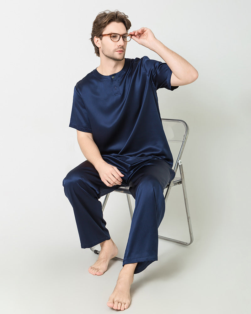 Ensemble de Pyjama en Soie pour Hommes à Manches Courtes et Pantalon