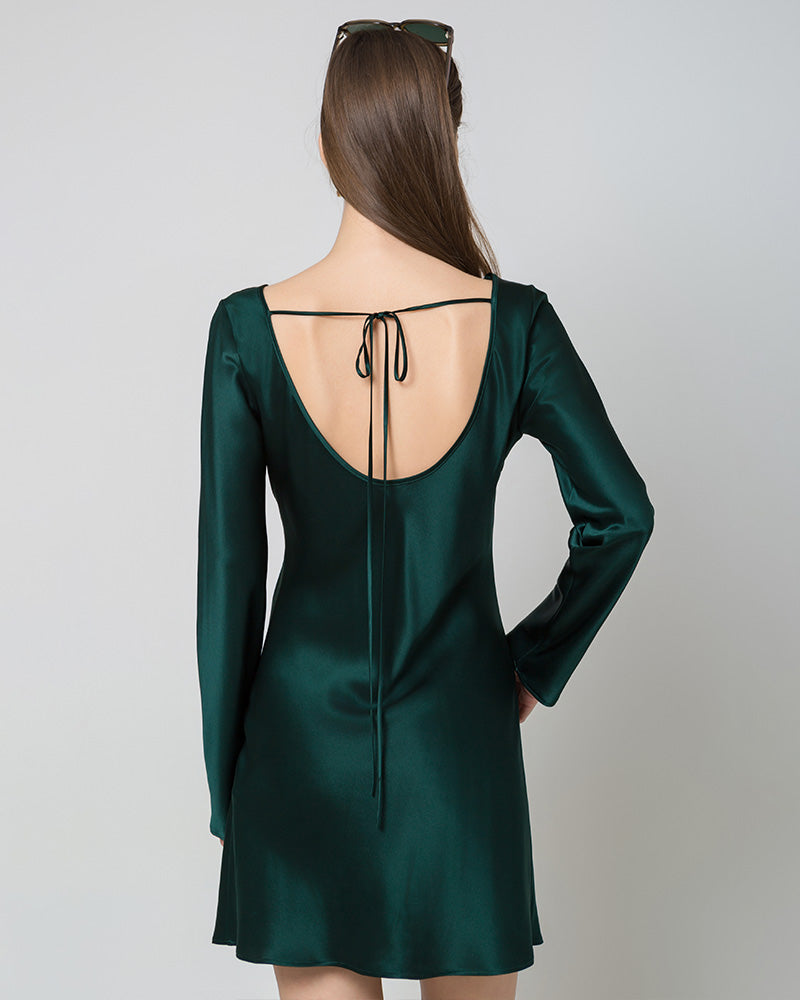 Robe Mini en Soie à Manches Longues et Dos Nu pour Femme