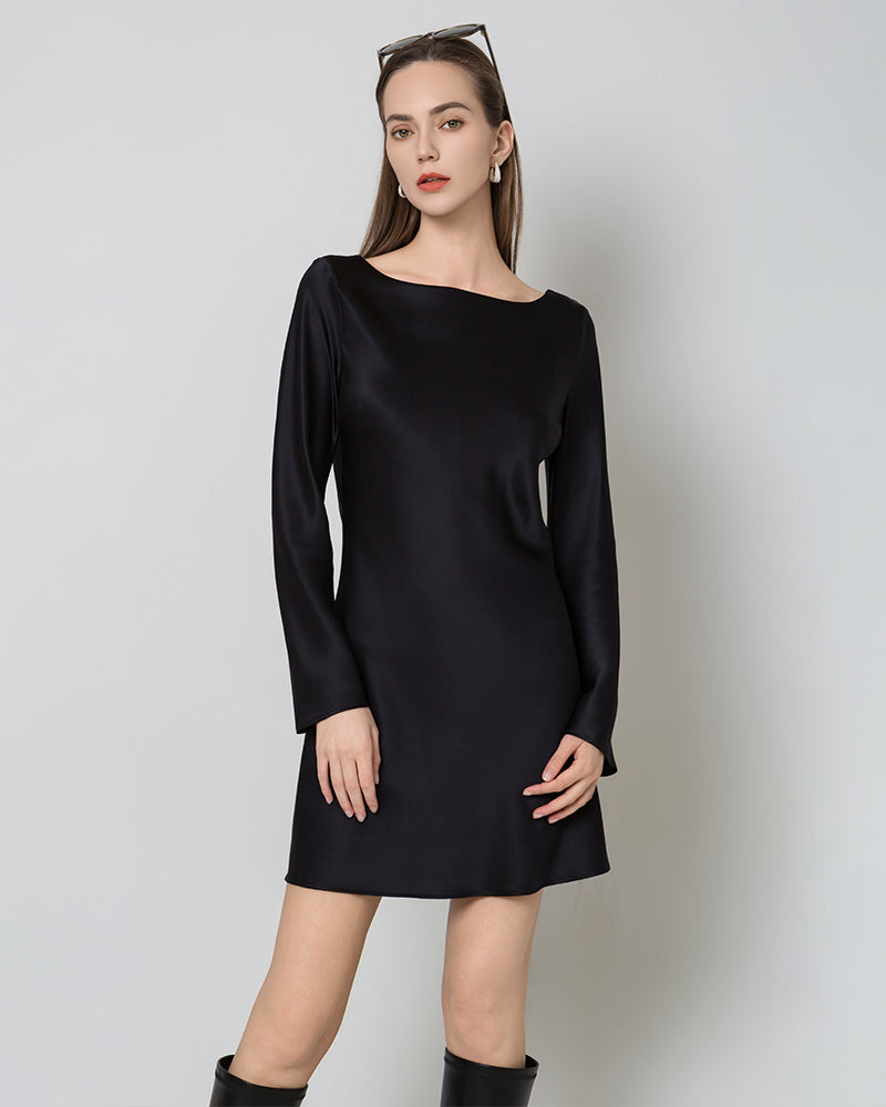Robe Mini en Soie à Manches Longues et Dos Nu pour Femme