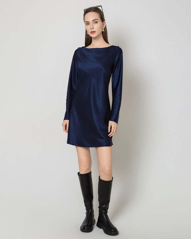 Robe Mini en Soie à Manches Longues et Dos Nu pour Femme