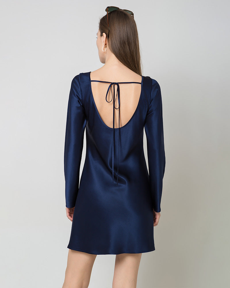 Robe Mini en Soie à Manches Longues et Dos Nu pour Femme