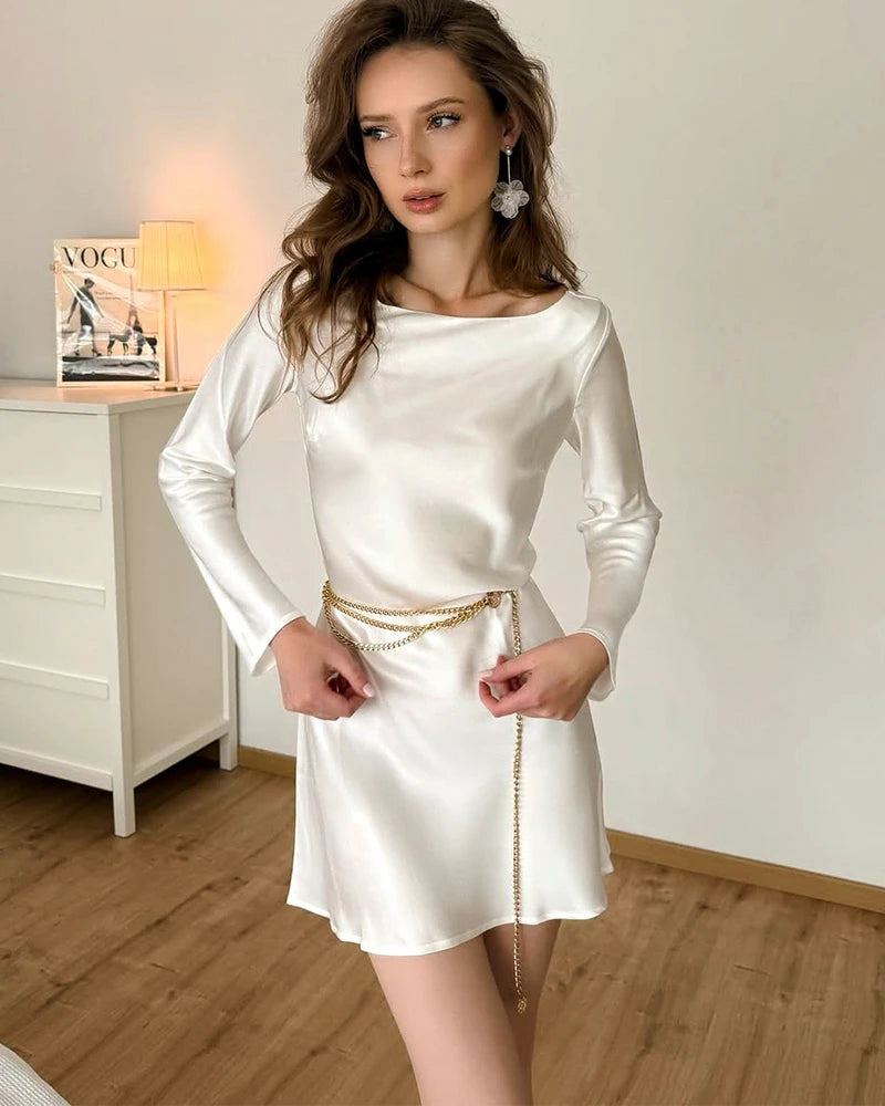 Robe Mini en Soie à Manches Longues et Dos Nu pour Femme