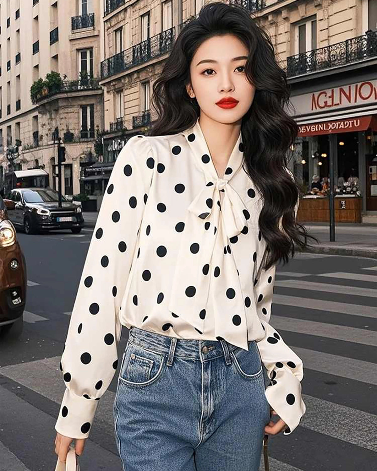 Blouse en Soie à Pois et Nœud