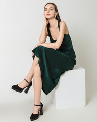 Robe Longue en Soie à Col Rond et Taille Cintrée