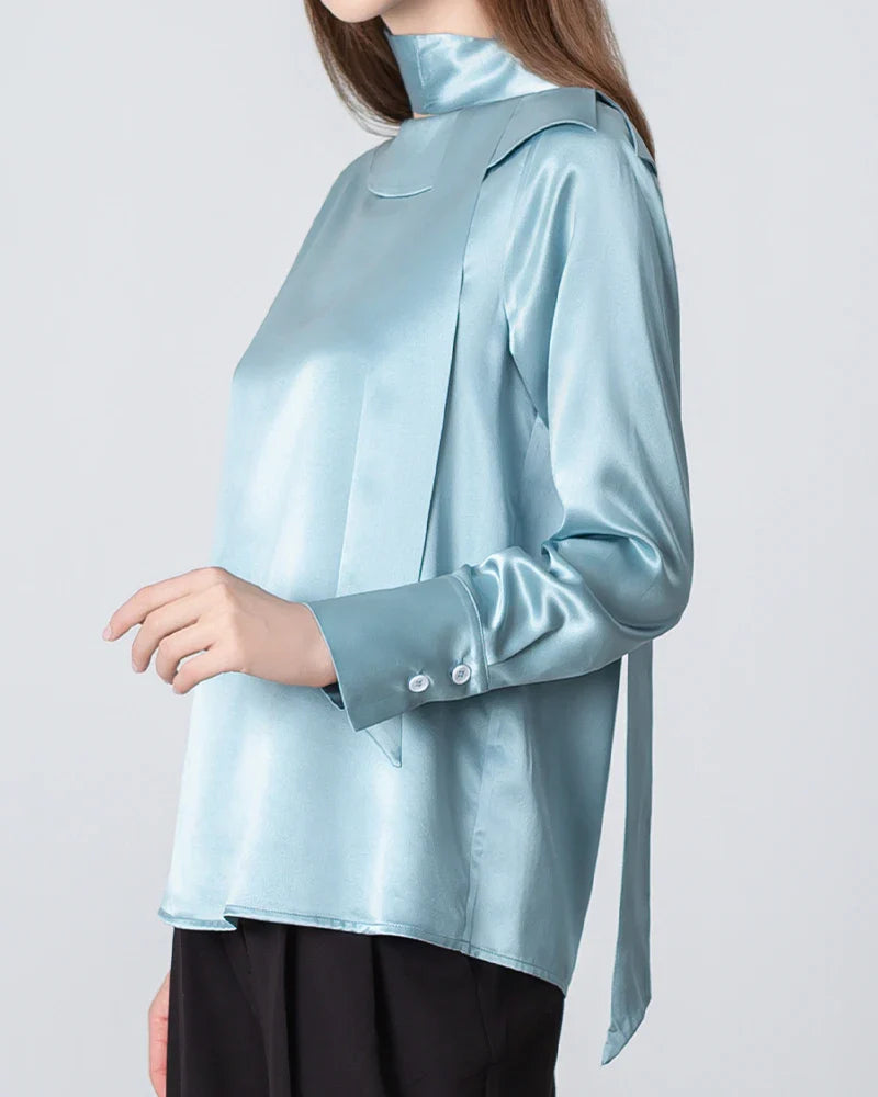 Blouse en Soie avec Col Rond et Nœud à Nouer