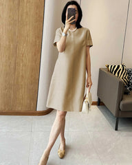Robe midi en soie et laine manches courtes
