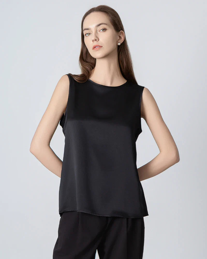 Blouse en Soie à Col Rond Sans Manches pour Femmes