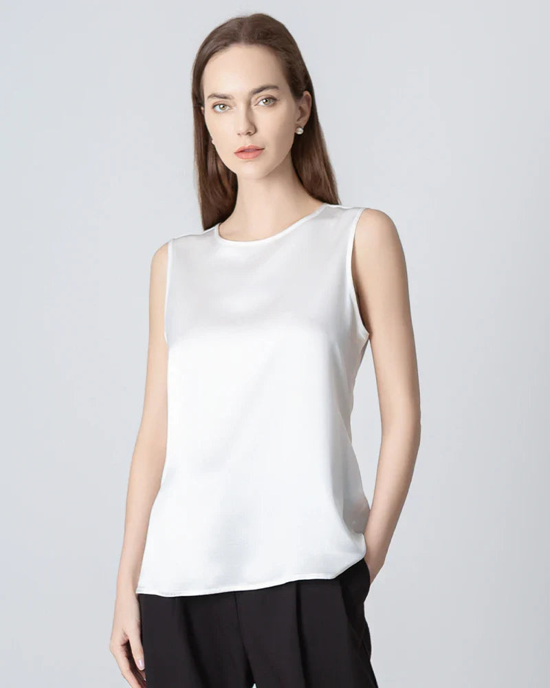 Blouse en Soie à Col Rond Sans Manches pour Femmes