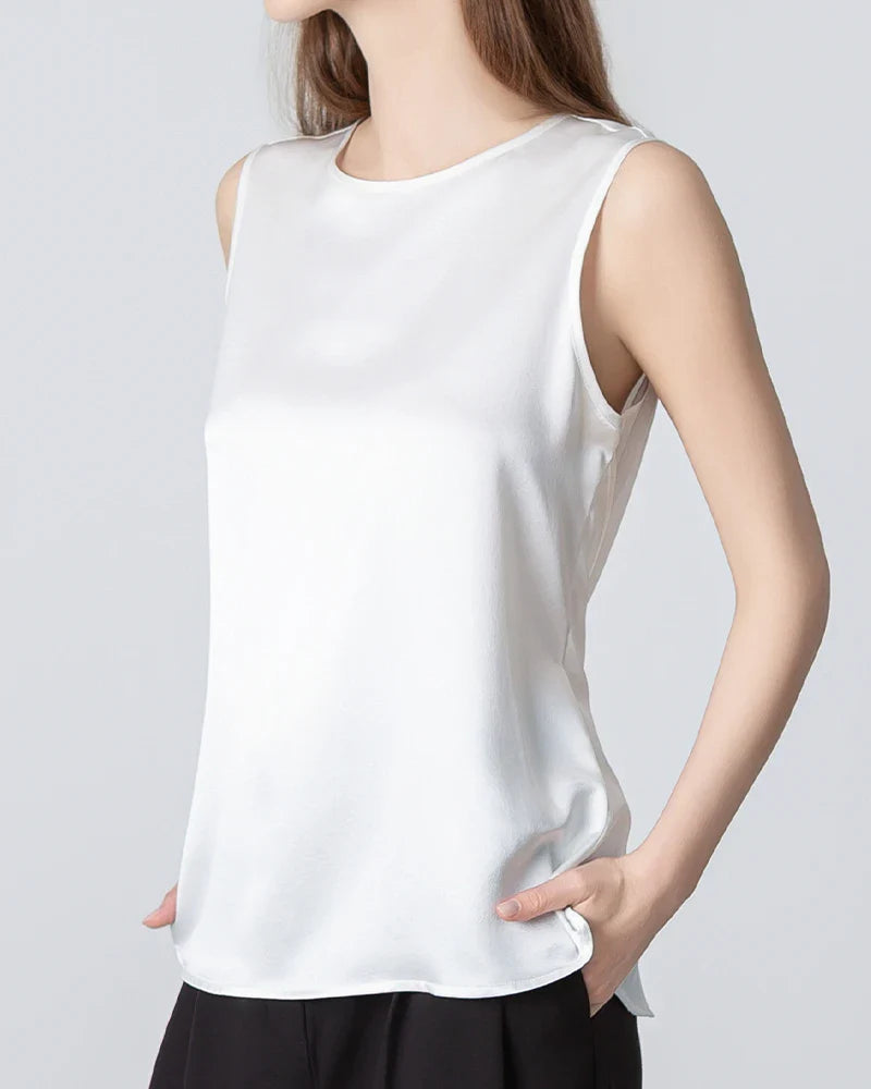 Blouse en Soie à Col Rond Sans Manches pour Femmes