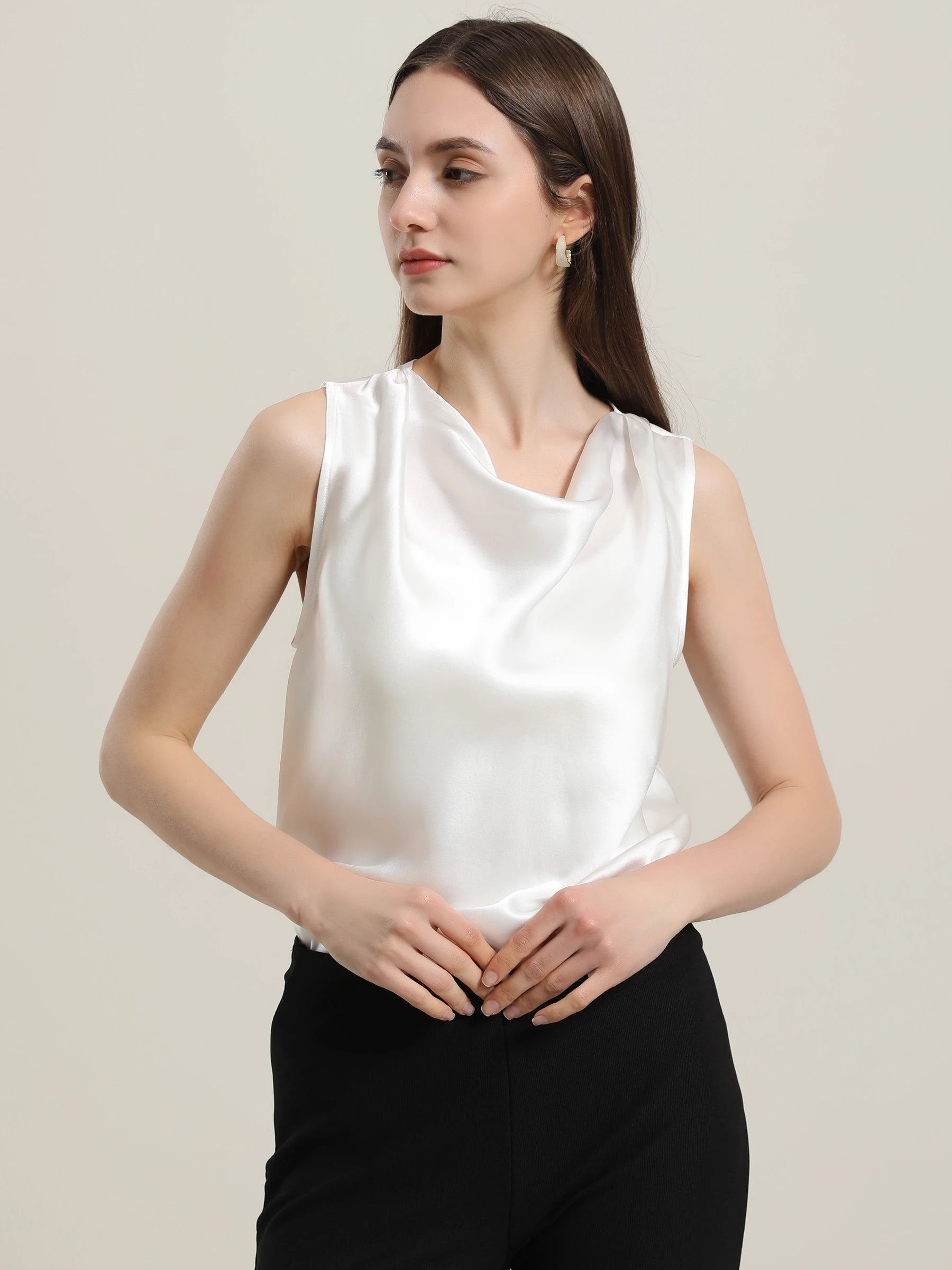 Blouse en Soie Sans Manches à Col Bénitier pour Femme