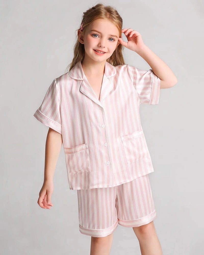 Ensemble de Pyjama à Rayures Courtes pour Enfants en Soie