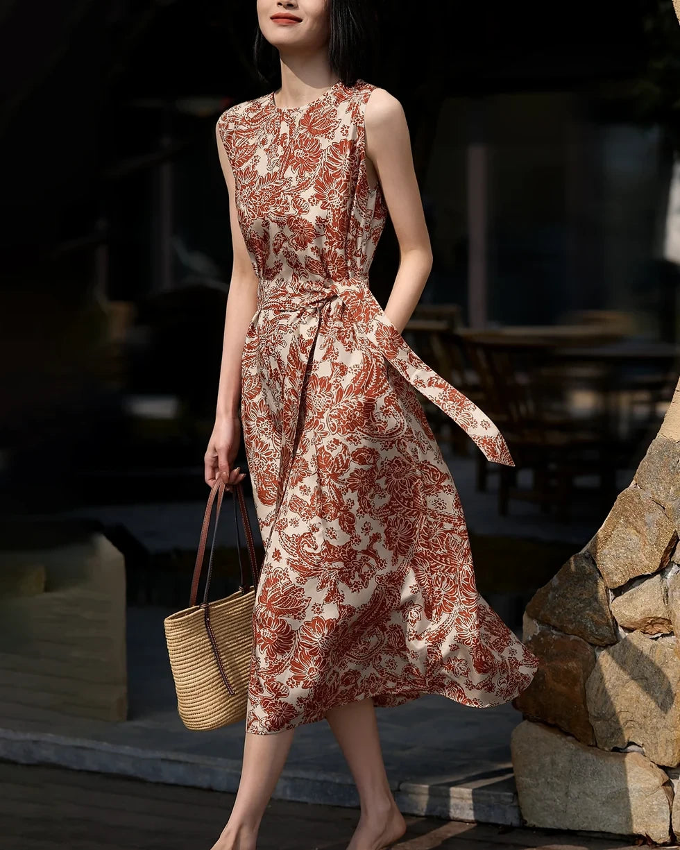 Robe en soie à imprimé cachemire terracotta
