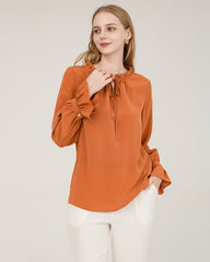 Chemise en Soie à Col Tie avec Détails Volants