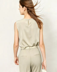 Blouse plissée sans manches en triacétate à col rond