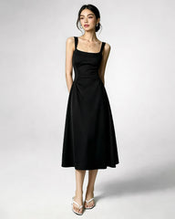 Robe midi en triacétate à col carré et taille plissée