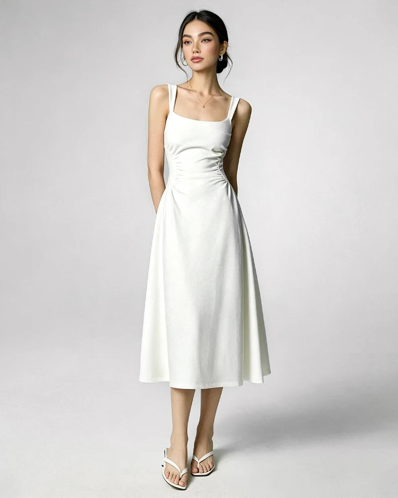 Robe midi en triacétate à col carré et taille plissée