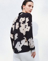 Blouse en soie à col V à fleurs et manches longues