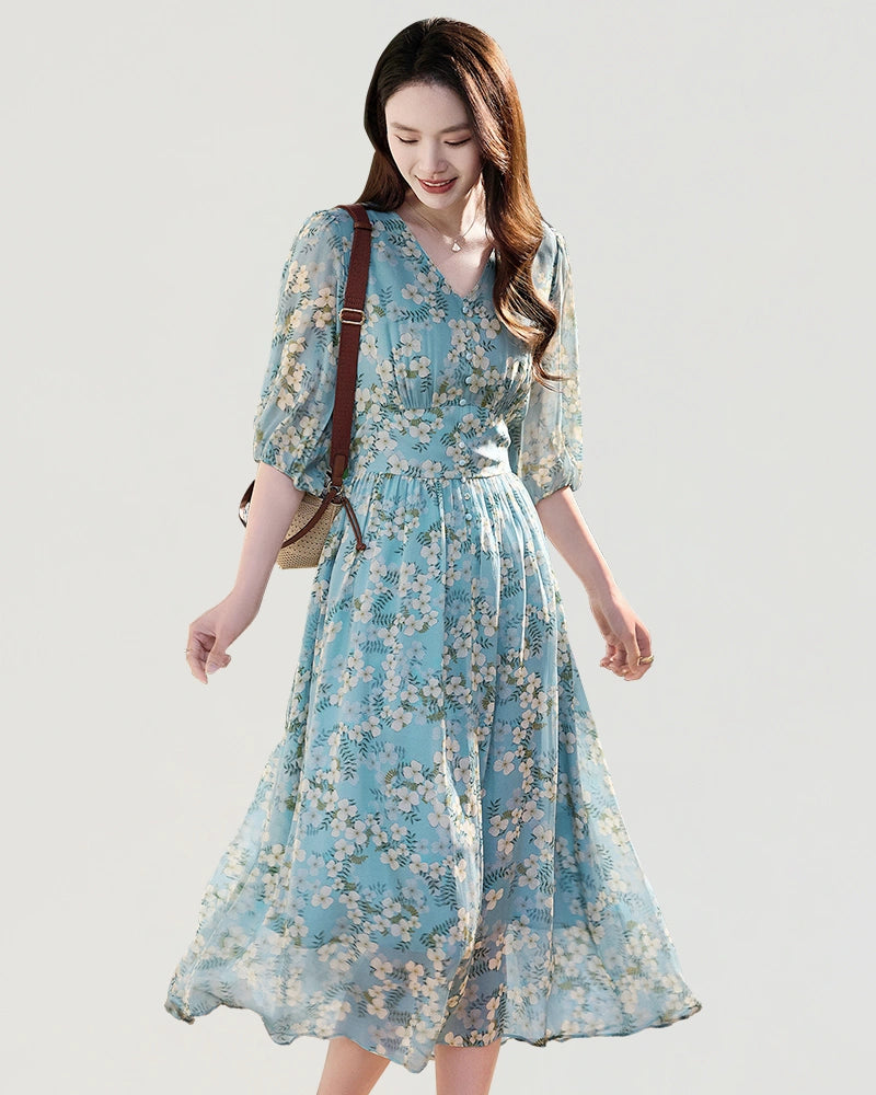 Robe midi en soie col V imprimé floral