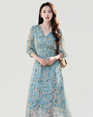 Robe midi en soie col V imprimé floral