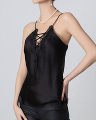 Camisole en Soie à Décolleté en V et Dentelle Croisée