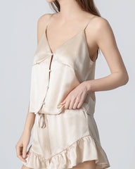 Ensemble de Pyjama en Soie Camisole à Col V avec Ouverture Frontale