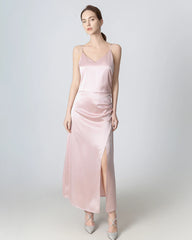 Robe Maxi en Soie à Plis et Fente en V