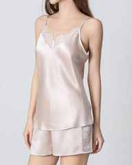 Ensemble de Pyjama en Soie à Camisole Court avec Dentelle V-neck