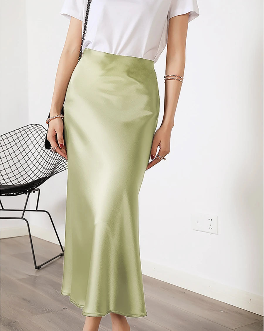 Jupe Midi en Soie Polyvalente avec Taille Élastiquée