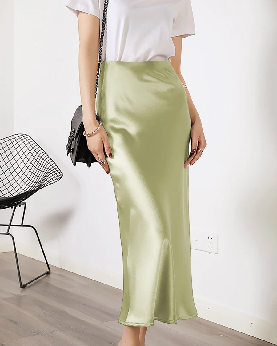 Jupe Midi en Soie Polyvalente avec Taille Élastiquée
