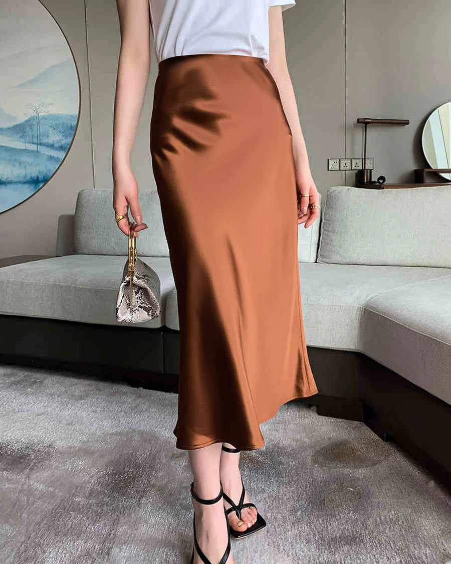 Jupe Midi en Soie Polyvalente avec Taille Élastiquée