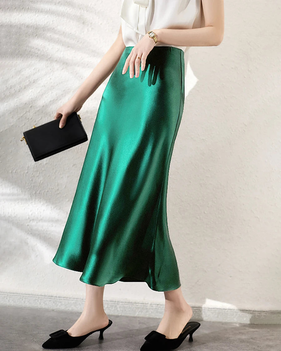 Jupe Midi en Soie Polyvalente avec Taille Élastiquée