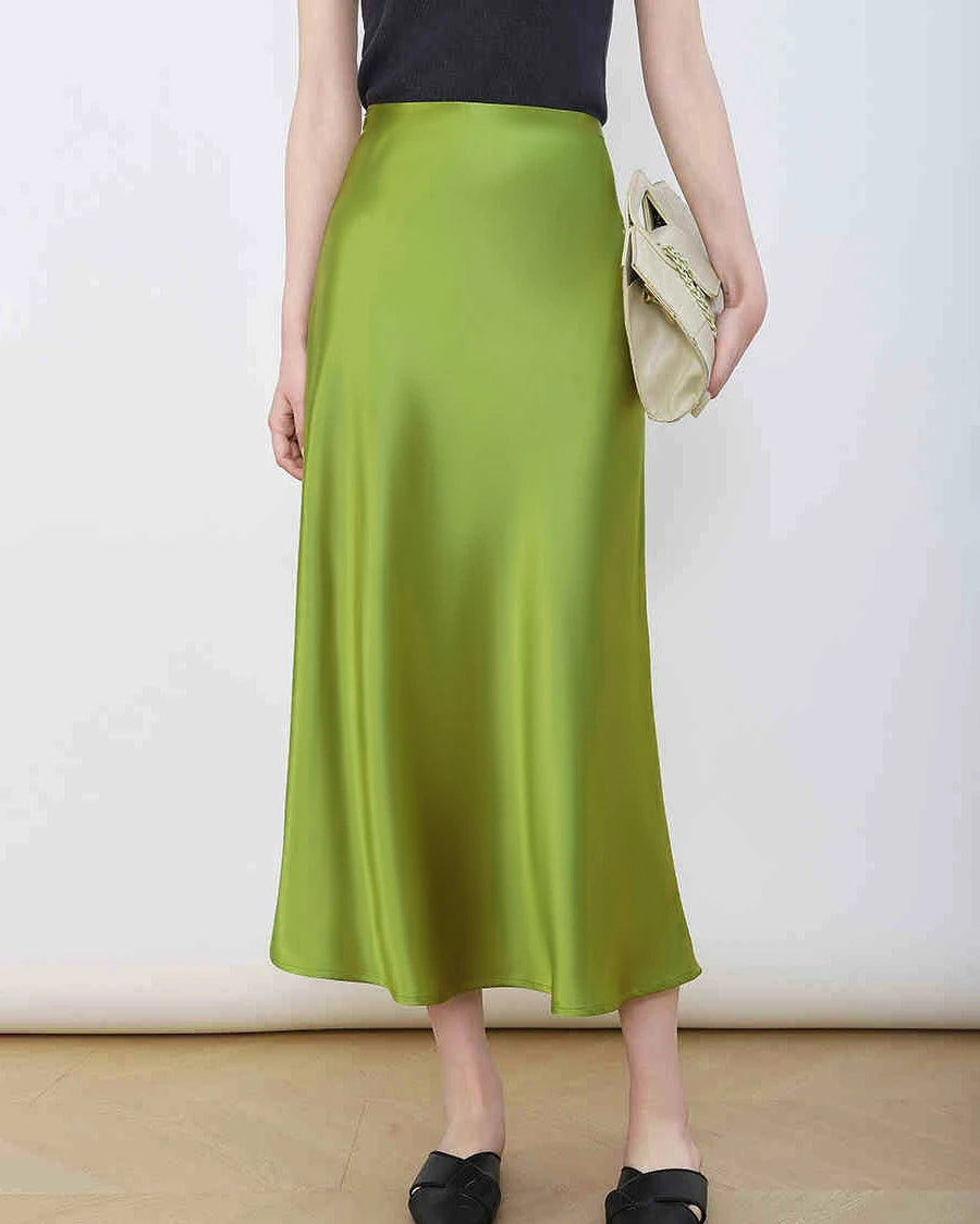 Jupe Midi en Soie Polyvalente avec Taille Élastiquée