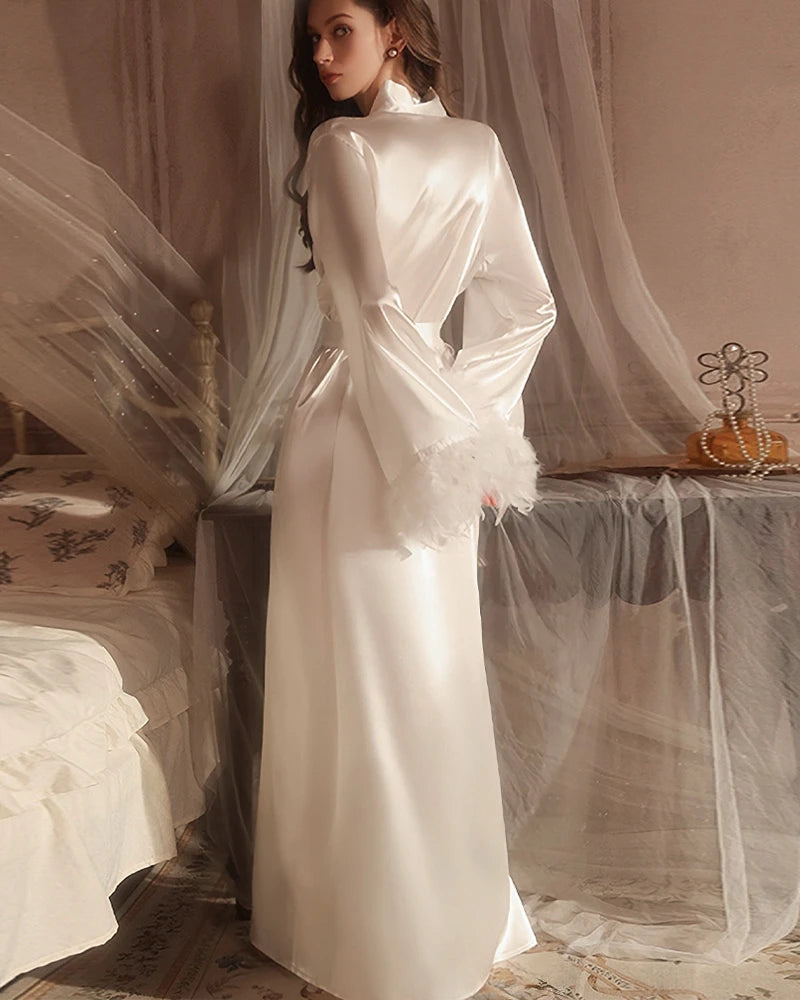 Peignoir de Mariée en Soie Lavable avec Plumes