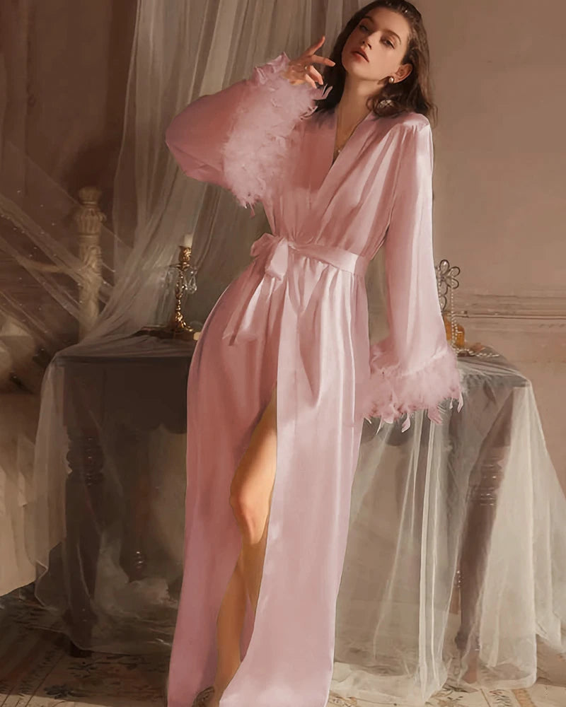 Peignoir de Mariée en Soie Lavable avec Plumes