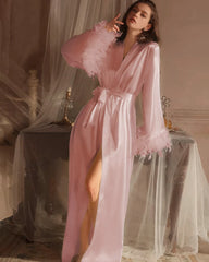 Peignoir de Mariée en Soie Lavable avec Plumes