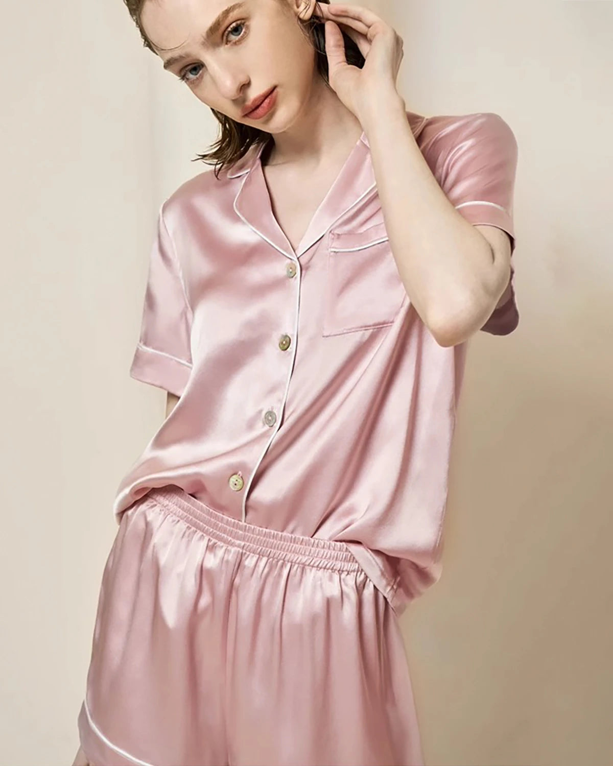 Ensemble de pyjama en soie lavable à manches courtes