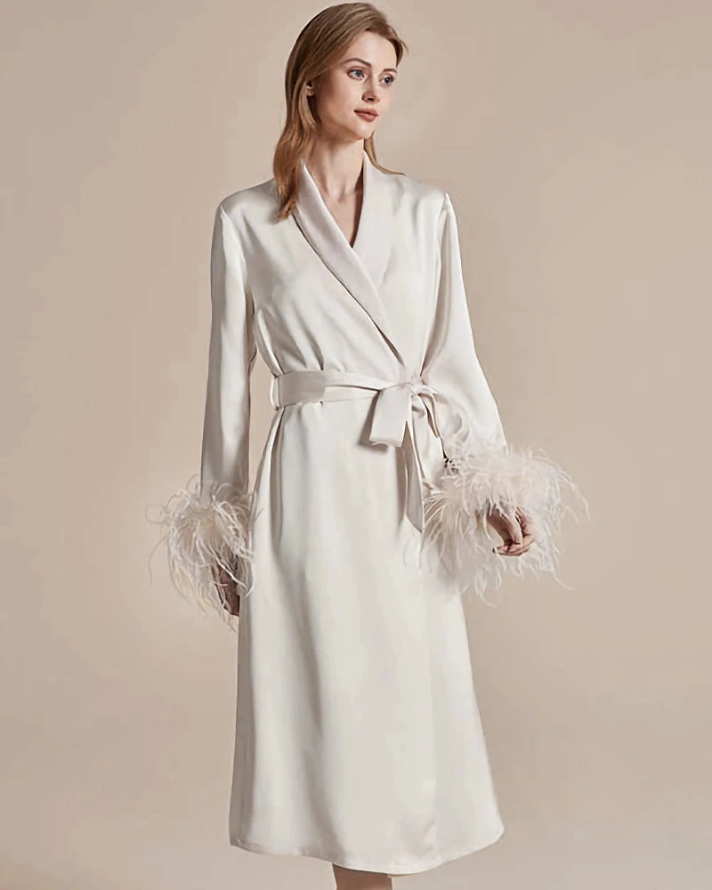 Peignoir en Soie Lavable avec Manches en Plumes