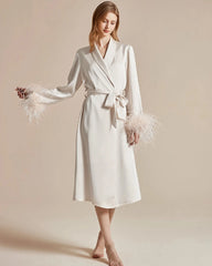 Peignoir en Soie Lavable avec Manches en Plumes