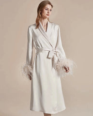 Peignoir en Soie Lavable avec Manches en Plumes