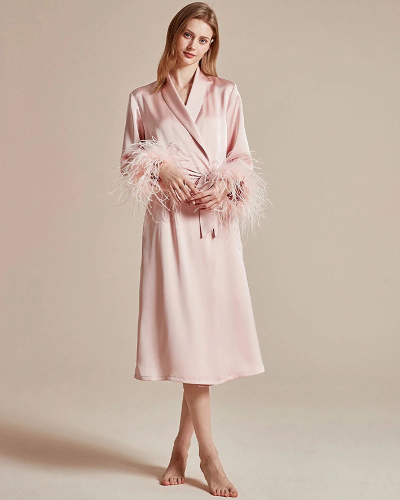 Peignoir en Soie Lavable avec Manches en Plumes