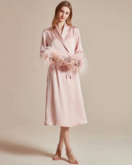 Peignoir en Soie Lavable avec Manches en Plumes