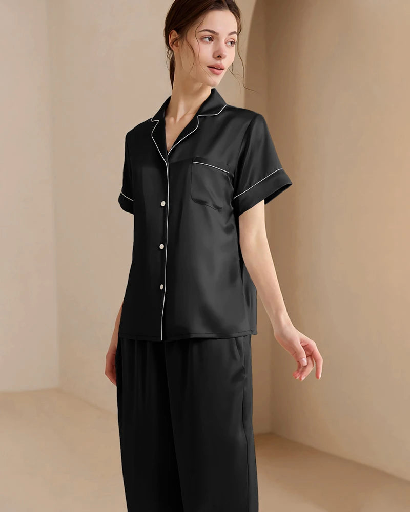 Ensemble de pyjama en soie lavable, manches courtes et pantalon long