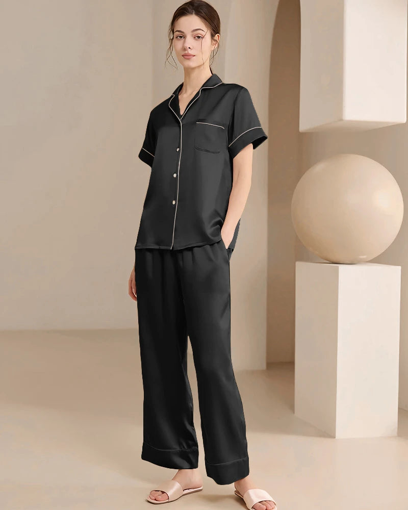 Ensemble de pyjama en soie lavable, manches courtes et pantalon long