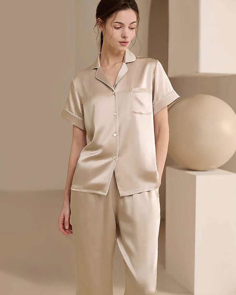 Ensemble de pyjama en soie lavable, manches courtes et pantalon long